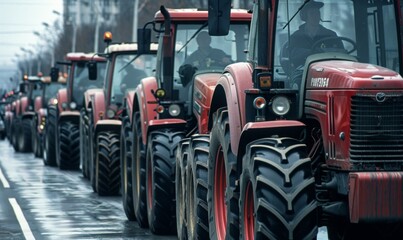 Tractors lined up bumper-to-bumper along a major thoroughfare in the city