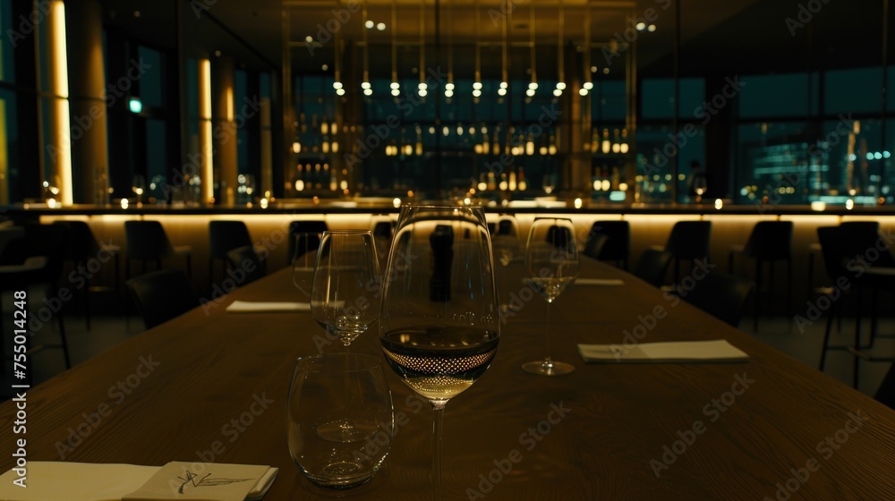 Poster a row of wine glasses sitting on top of a wooden table in front of a window with a cityscape in the 