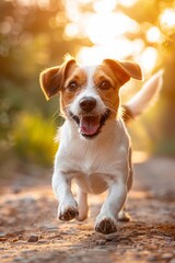 A joyous pup strolls through the park, basking in the morning sunshine and wagging its tail happily.