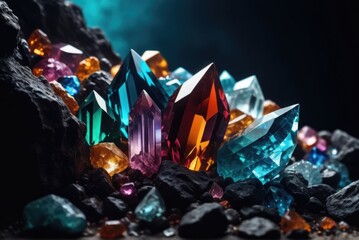 multicolored crystals shines against an abyssal backdrop - obrazy, fototapety, plakaty