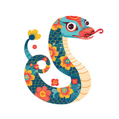 Chinese oriental Snake zodiac sign, simple cartoon colorful cute illustration. Colorful floral ornament skin. Isolated design element for Chinese New Year 2025