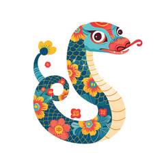 Fototapeta premium Chinese oriental Snake zodiac sign, simple cartoon colorful cute illustration. Colorful floral ornament skin. Isolated design element for Chinese New Year 2025