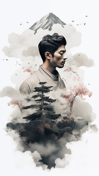 Asian male warrior, double exposure 
