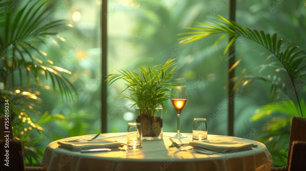 Poster a table with a glass of wine and a potted plant on top of it in front of a window.