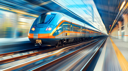 High-speed train in motion on railway with dynamic blurred background