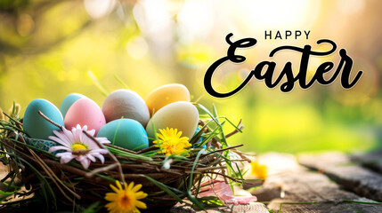 Happy Easter theme with a nest of multicolored eggs surrounded by daisies in soft sunlight