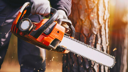 Worker Using Chainsaw for Cutting Tree Branches with Safety Gear. A worker in protective gear safely operates a chainsaw to trim trees. - obrazy, fototapety, plakaty