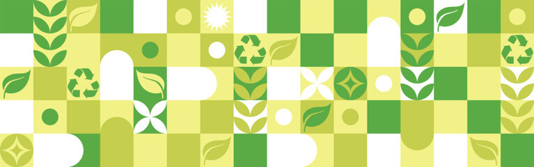 Bio template for ecological social projects, seamless pattern for eco packaging with green flowers. Natural style banner, mosaic of geometric white shapes.