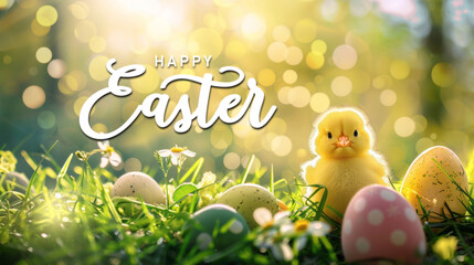 A charming Easter setup with a fluffy yellow chick amongst speckled eggs in a sunlit grassy field