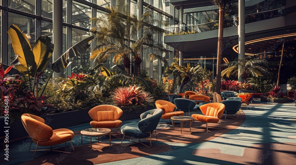 Poster a row of chairs sitting next to each other in front of a tall building with palm trees in the backgr