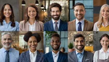 Screensaver with a many diverse people profiles on it. Group of multiracial and multi generation people using app for video meeting online, brainstorming, a lot of employees have video call togethe