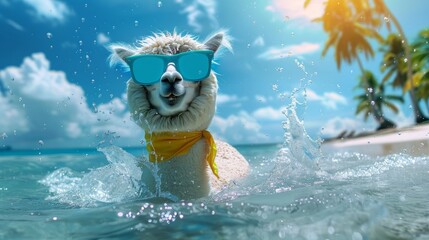 Alpaca with sunglasses splashing in the sea, wearing a yellow bandana, with tropical palm trees in the background.