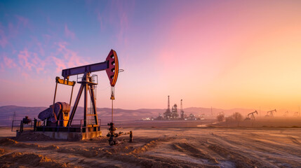 Oil pump energy industrial machine for petroleum oil industry equipment in the sunset. - obrazy, fototapety, plakaty