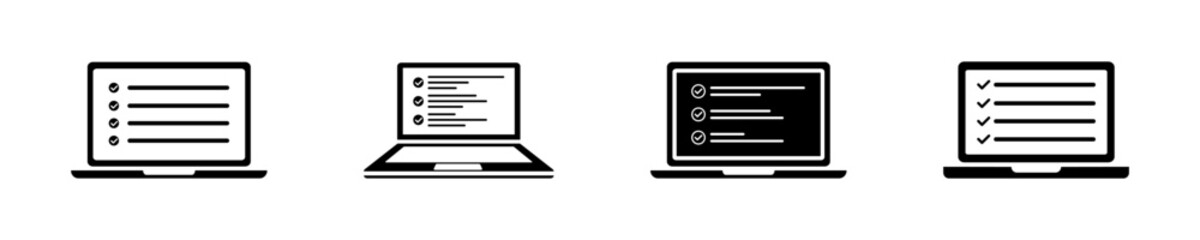 Fototapeta premium Set of laptop with checklist vector icons. Test on laptop. Online exam or questionnaire. Vector 10 Eps.