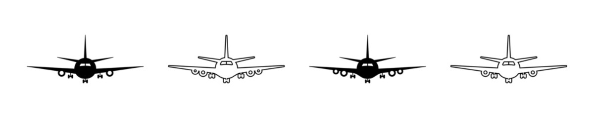 Set of passenger airplane vector icons. Black linear commercial aeroplane. Vector 10 Eps.