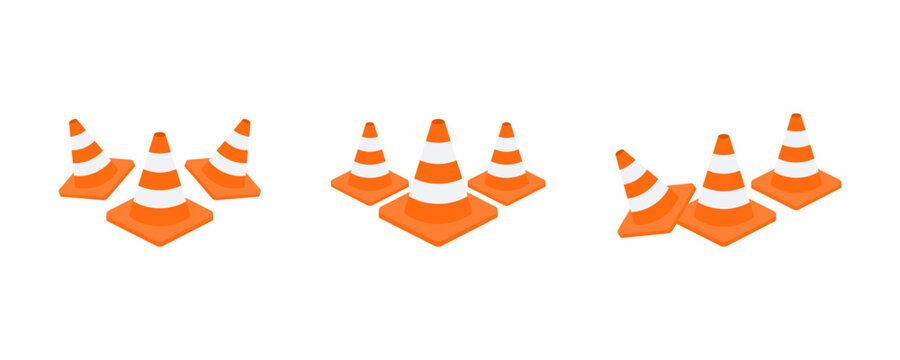 Set of construction or road orange cone vector icons. Repair or traffic cone. Warning signs.