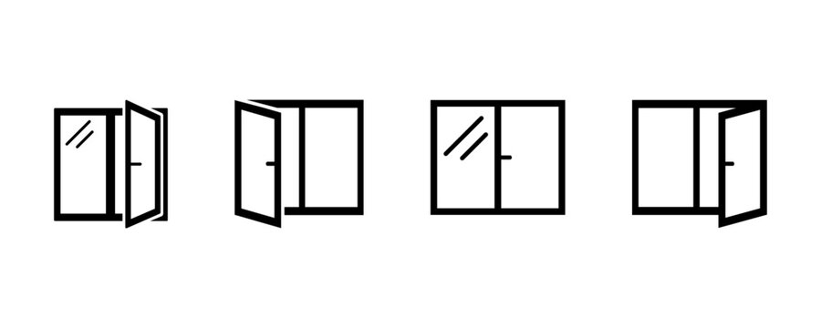 Set of window vector icons. Black open and close windows. Vector 10 Eps.