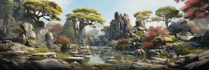 Rolgordijnen Japanese rock garden, beautiful zen green garden, banner © pundapanda