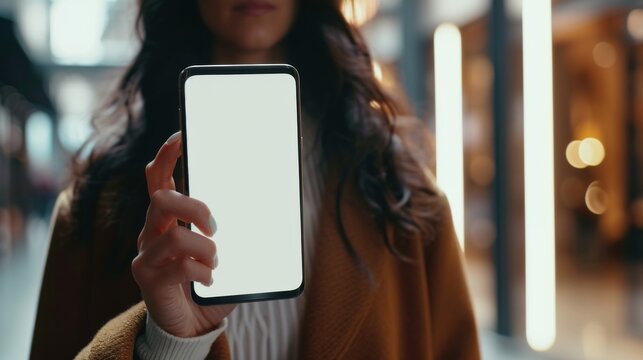 Mockup image of a woman's hands holding mobile phone with white screen
