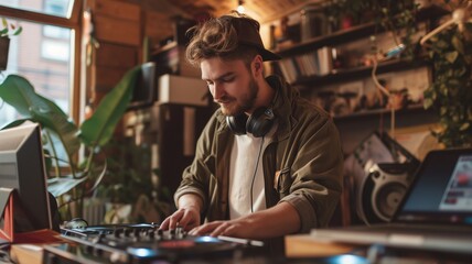 A focused man using a DJ mixing deck and headphones in a cozy, wooden interior, possibly preparing...