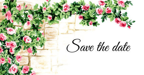 Climbing roses on a brick wall background, save the date card with copy space. Hand drawn watercolor illustration - 755016419