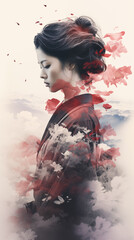 Obraz premium Asian woman in kimono double exposure with nature
