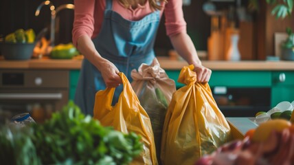 A person in a blue apron is untangling yellow grocery bags in a kitchen filled with fresh vegetables, suggesting themes of health, home cooking, and eco-consciousness.
