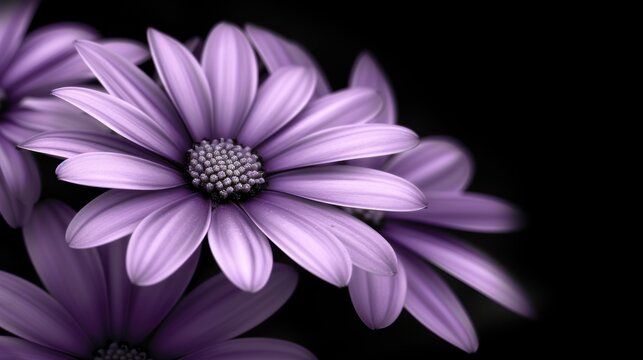 a group of purple flowers sitting next to each other on a black background with a white center surrounded by smaller purple flowers.
