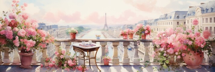 Hobby and leisure, watercolor illustration of a beautiful balcony or terrace decorated with various potted flowers, banner