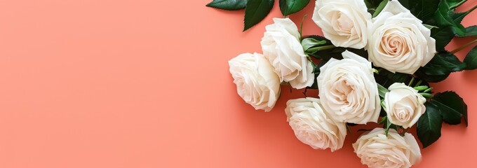 Elegant white roses arranged on a soft peach background; ideal for romantic occasions like weddings, Valentine's and Mother's Day.