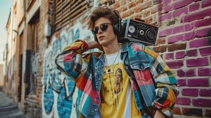 Stylish young man with sunglasses carrying a boombox on his shoulder against a graffiti wall...