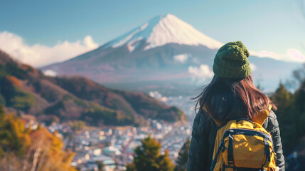 female tourist backpacker looking at mount Fuji in Japan. Wanderlust concept.