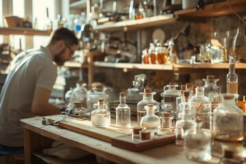 perfumer at his desk looking for a new fragrance, perfumery concept, Lots of ingredients, glass flasks