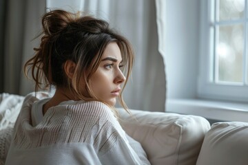 Desperate and Worried Homemaker. Side View of Confused Female Sitting on Sofa at Home, Stressed Over Personal Life Problems