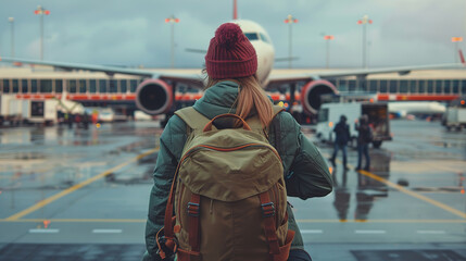 female tourist backpacker looking at airplane in the airport. Wanderlust concept.