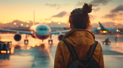 female tourist backpacker looking at airplane in the airport. Wanderlust concept. - obrazy, fototapety, plakaty