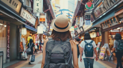 Obraz premium female tourist backpacker at shopping street in Osaka, Japan. Wanderlust concept.