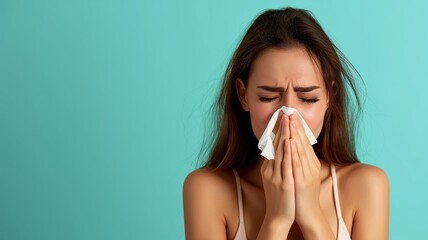 A woman sneezing into a tissue against a turquoise background, depicting illness or allergy...