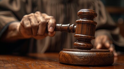 Close-up shot of hand holding gavel and hitting sound block in a court of law. Judge sees the accused guilty, passes judgement, and rules case closed. - obrazy, fototapety, plakaty
