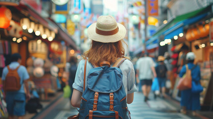 Fototapeta premium female tourist backpacker at shopping street in Osaka, Japan. Wanderlust concept.