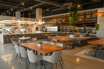 Fototapeta na wymiar Modern high rack warehouse, dining room and kitchen in a large industrial space