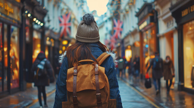 female tourist backpacker at shopping street in London, England. Wanderlust concept.