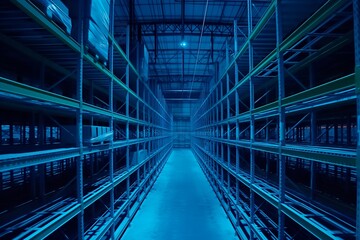 empty huge distribution warehouse with high shelves and pallet, Modern high rack warehouse
