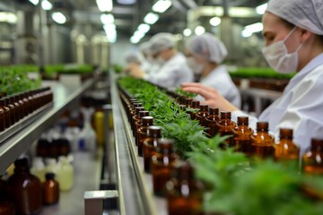 Fototapeta premium assembly line of a natural cosmetics factory, cosmetics on the conveyor line