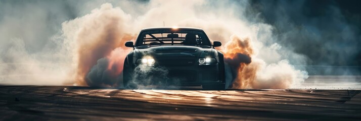 Drift Action: High-Speed Automobile Racing on Black Asphalt Track. Smoke and Blur Create Extreme Drifting Experience