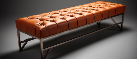 A top-down view of a brown leather bench with a capitone design on a sturdy steel frame. The bench is elegantly crafted, combining comfort with modern aesthetics.
