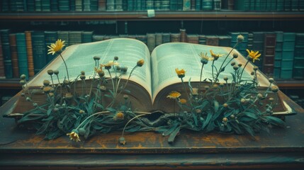 an open book sitting on top of a wooden table next to a bunch of bookshelves filled with books.