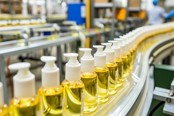 assembly line of a natural cosmetics factory, cosmetics on the conveyor line