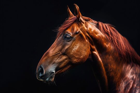 Fast Arabian Horse Portrait on Black Background - Isolated Equestrian Animal Head Shot