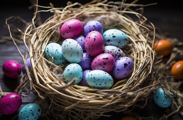 a bird's nest filled with colored eggs on top of a table next to a pile of brown straw.